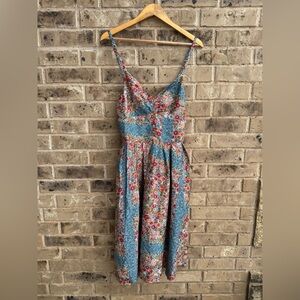 Anthropologie Burning Torch Floral Blue Tiered Midi Silk Dress size small